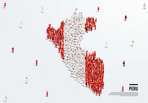 Peru Map and Flag. A large group of people in the Peru flag color. Stock Illustration