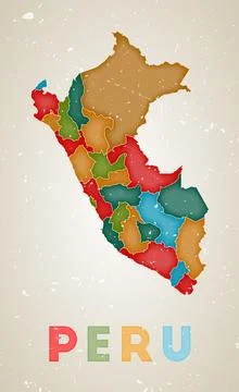 Peru map. Country poster with colored regions. Old grunge texture. Vector i.. Stock Illustration