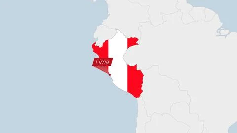 Peru map highlighted in Peru flag colors and pin of country capital Lima. Stock Illustration