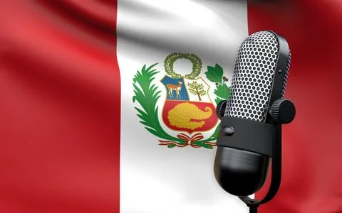 Peru national flag with microphone composition of voice of truth debate infor Stock Illustration