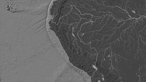 Peru outlined on a Bilevel elevation map with lakes and rivers Stock Illustration