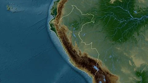 Peru outlined on a Colored elevation map with lakes and rivers Illustrazione stock
