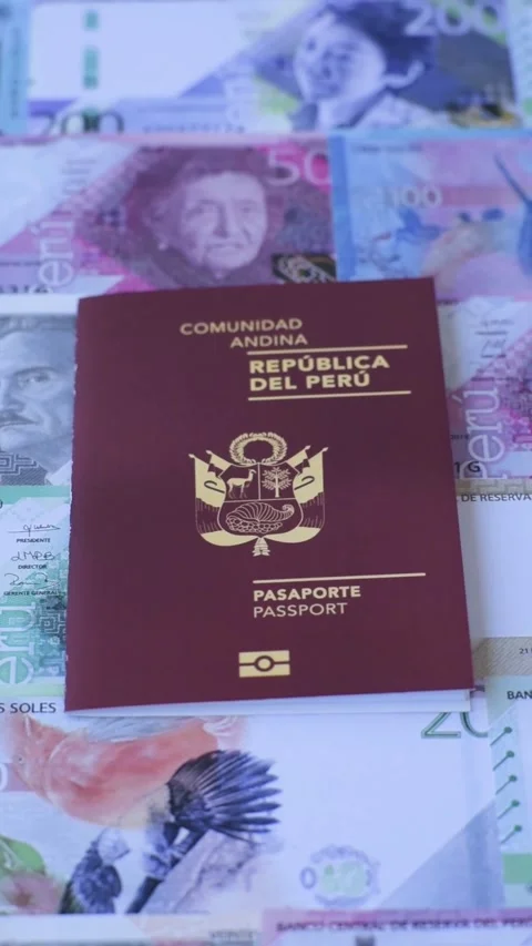 Peru, peruvian passport or id document with tickets for flight, border crossing. Stock Footage 342340492