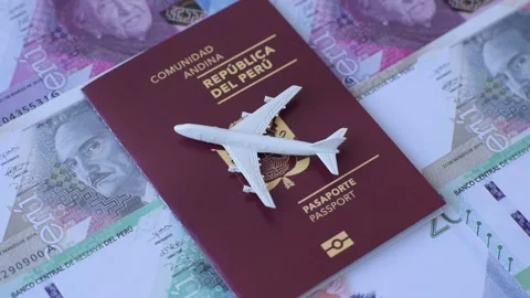 Peru, peruvian passport or id document with tickets for flight, border crossing. Stock Footage 342340498