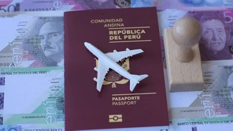 Peru, peruvian passport or id document with tickets for flight, border crossing. Stock Footage 342340504
