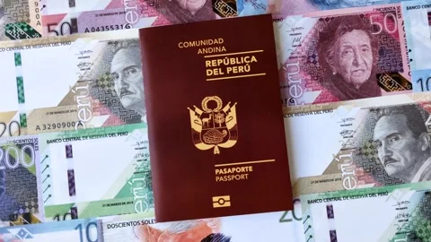 Peru, peruvian passport or id document with tickets for flight, border crossing. Stock Footage 342340653