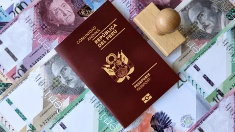 Peru, peruvian passport or id document with tickets for flight, border crossing. Stock Footage 342340656