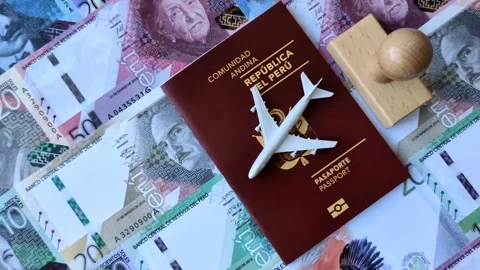 Peru, peruvian passport or id document with tickets for flight, border crossing. Stock Footage 342340658