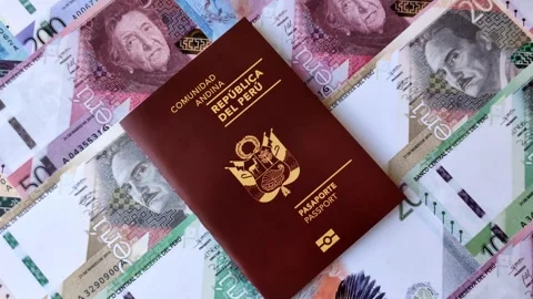 Peru, peruvian passport or id document with tickets for flight, border crossing. Stock Footage 342340659