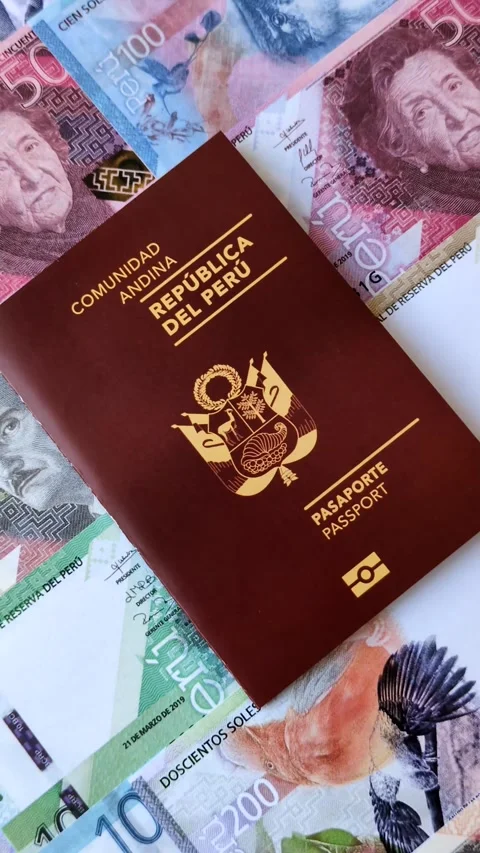 Peru, peruvian passport or id document with tickets for flight, border crossing Stock Footage 342340663