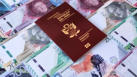 Peru, peruvian passport or id document with tickets for flight, border crossing Stock Footage 342340670