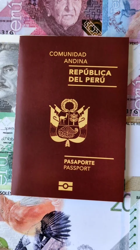 Peru, peruvian passport or id document with tickets for flight, border crossing Stock Footage 342340672