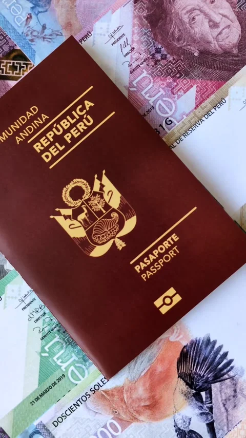 Peru, peruvian passport or id document with tickets for flight, border crossing Stock Footage 342340676