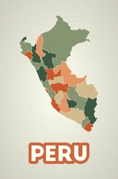 Peru poster in retro style. Map of the country with regions in autumn color.. Stock Illustration