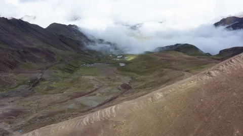 Peru Rainbow Mountain Aerial Move Right to Left Revealing Valley Stock Footage 128200272