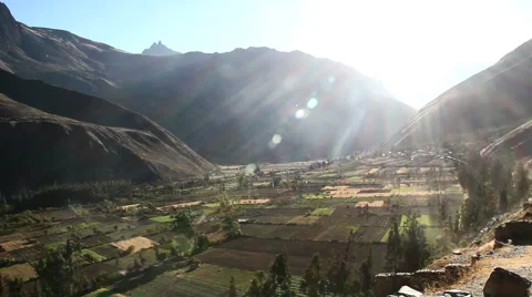 Peru Sacred Valley floor with fields and sun rays 5 Stock Footage 41177643