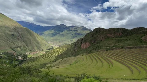Peru Time-Lapse Overlooking Incan Terrace Archaeological Site with Clouds Stock Footage 128210922