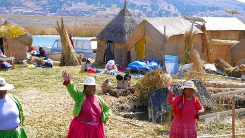 Peru Titicaca women Uros ethnicity Stock Footage