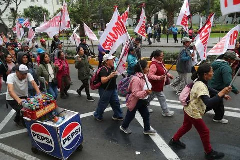 Peru's CGTP protests potential labor rights changes in Lima - 14 Aug 2026 Stock Photos