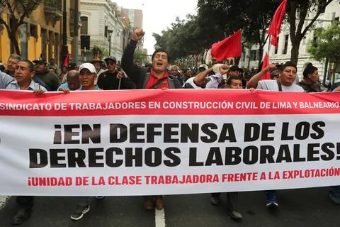 Peru's CGTP protests potential labor rights changes in Lima - 14 Aug 2026 Stock Photos
