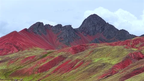 Peruvian Andes Red Valley Vinicunca Rainbow Mountain trek Palccoyo canyon Peru Stock Footage 325768374