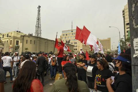 Peruvian crowd protesting while ex-president ousted is in jail Stock Photos