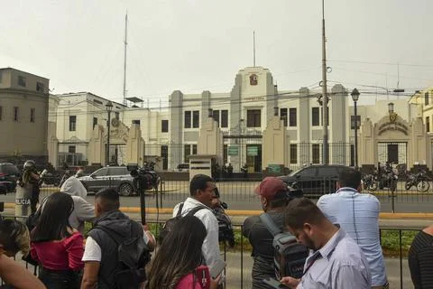 Peruvian crowd protesting while ex-president ousted is in jail Stock Photos