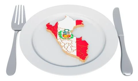Peruvian cuisine concept. Plate with map of Peru. 3D rendering Illustrazione stock