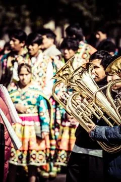 Peruvian dancers at the parade in cusco. Stock-Fotos