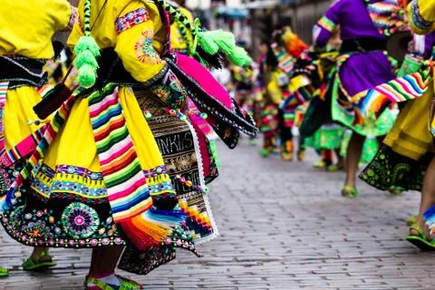 Peruvian dancers at the parade in cusco. Stock Photos