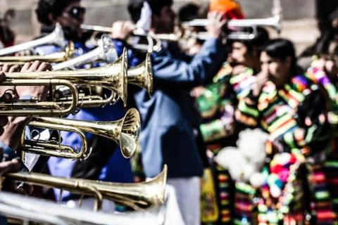 Peruvian dancers at the parade in cusco. Fotos Stock