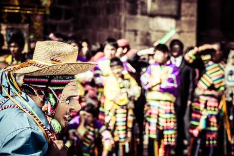 Peruvian dancers at the parade in cusco. Stock-Fotos