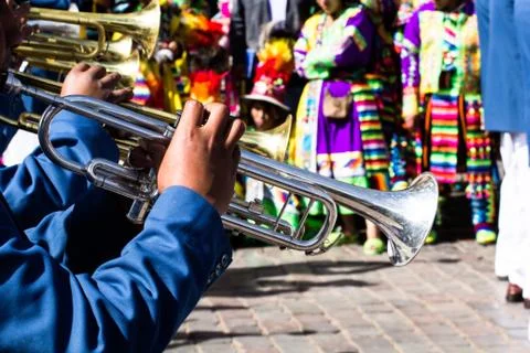 Peruvian dancers at the parade in cusco. Stock Photos