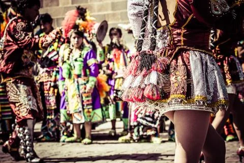 Peruvian dancers at the parade in cusco. Stock Photos