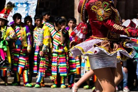 Peruvian dancers at the parade in cusco. Fotos Stock