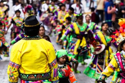 Peruvian dancers at the parade in cusco. Fotos Stock