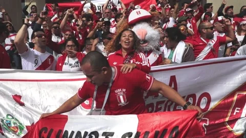 Peruvian fans cheer during the 2018 FIFA World Cup in Russia Vídeo Stock 149405535