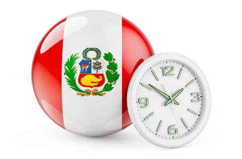 Peruvian flag with clock. Time in Peru, 3D rendering Stock Illustration