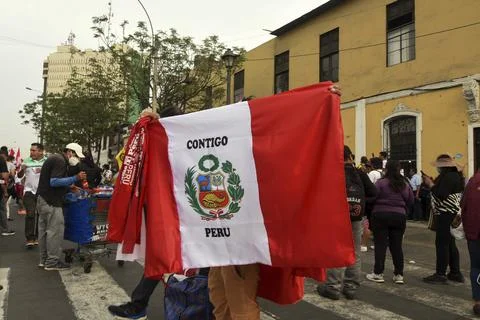 Peruvian flag during arrest of ousted Castillo Stock Photos
