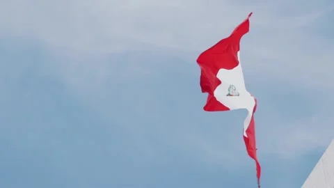 Peruvian flag flying with blue sky in the background. Concept of patriotism. Stock Footage 221950127