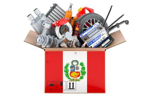 Peruvian flag painted on the parcel with car parts. 3D rendering Stock Illustration