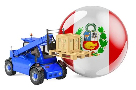 Peruvian flag with telescopic handler truck and parcel. Cargo shipping in Per Illustrazione stock