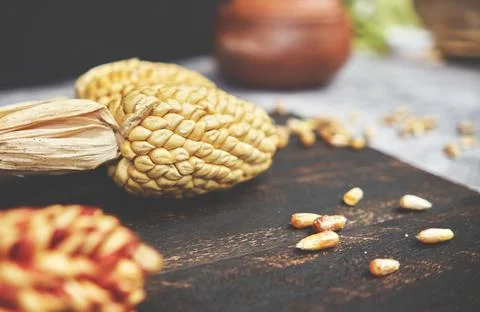 Peruvian food: Serrano corn, Typical appetizer called Cancha. Selective focus Stock Photos