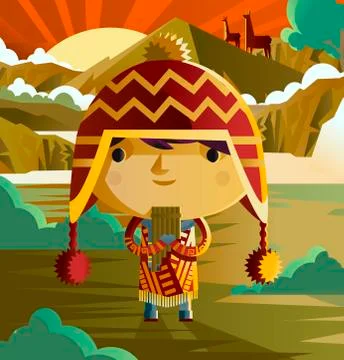 Peruvian inca coyan cap boy  with sicus flute 스톡 일러스트