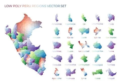 Peruvian low poly regions. Polygonal map of Peru with regions. Geometric ma.. Illustrazione stock