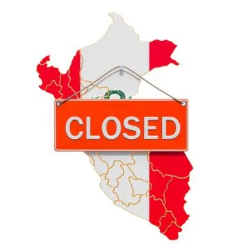 Peruvian map with closed hanging sign, quarantine concept. 3D rendering Illustrazione stock