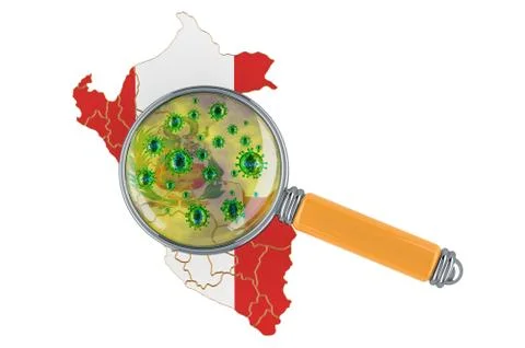 Peruvian map with coronavirus under magnifier, 3D rendering Illustrazione stock