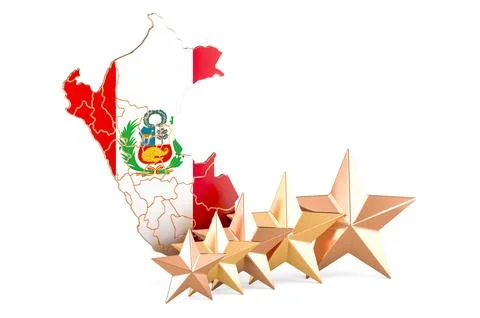 Peruvian map with five stars. Rating, quality, service in Peru. 3D rendering Illustrazione stock