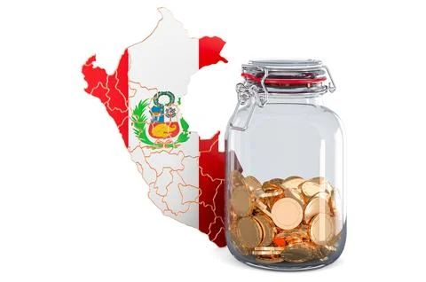 Peruvian map with glass jar full of golden coins, 3D rendering Illustrazione stock