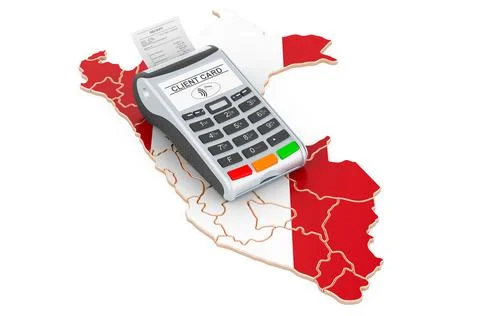 Peruvian map with POS terminal. Cashless payments in Peru concept. 3D renderi Illustrazione stock